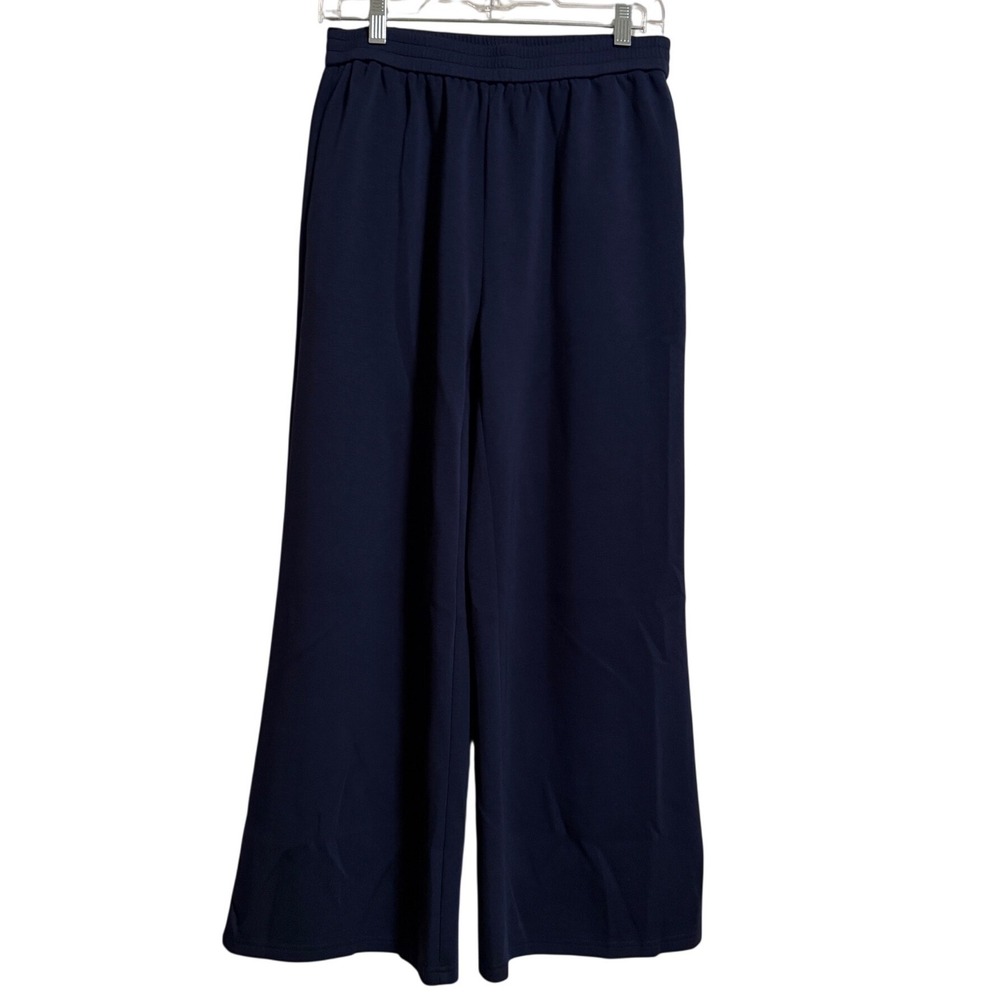 Navy Blue Wide Leg Elastic Waist Cropped Pants Trousers Size M